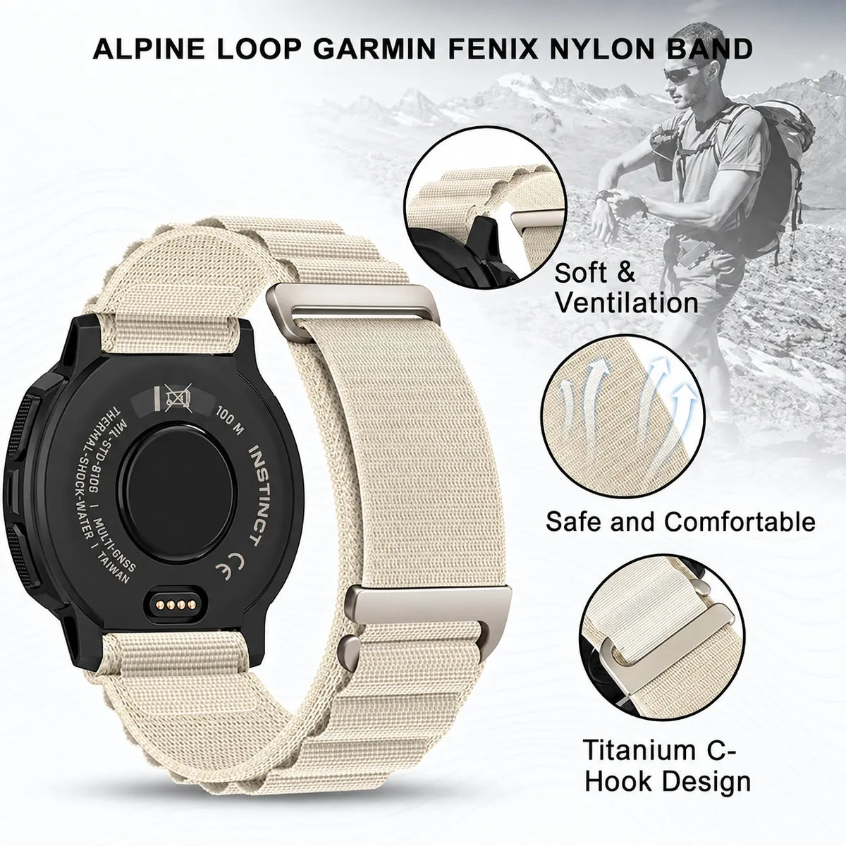 Nylon Hook & Loop Watch Band for Garmin - 22mm