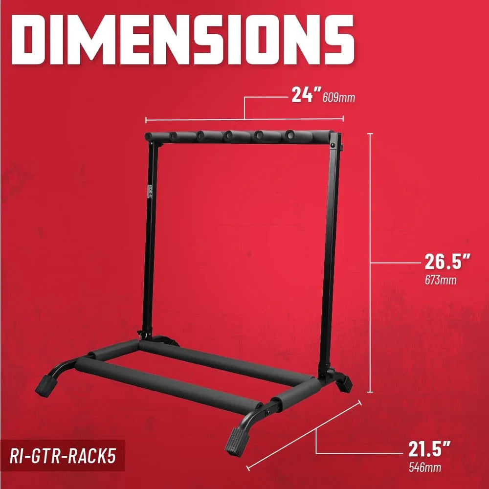 Black guitar stand with dimensions labeled on a red background