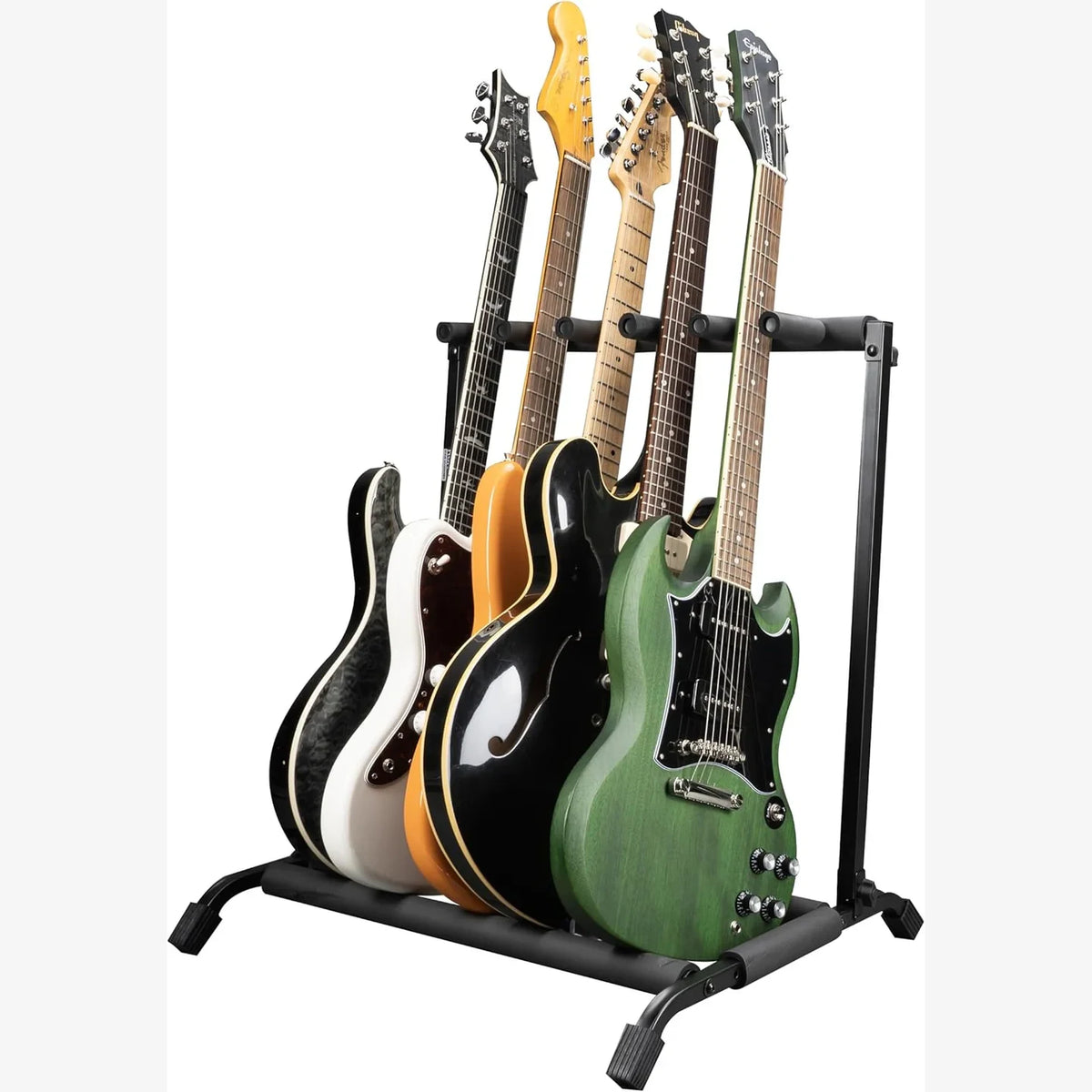 Five electric guitars on a black stand against a white background