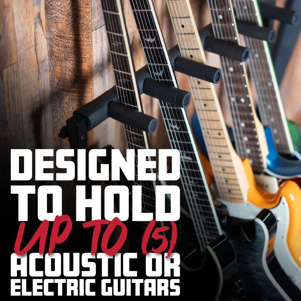 Guitar stand holding multiple guitars with text 'Designed to hold up to (5) acoustic or electric guitars'.