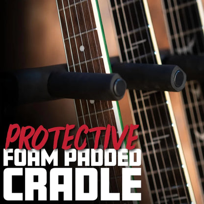 Guitar with protective foam padded cradle in foreground, blurred guitar in background