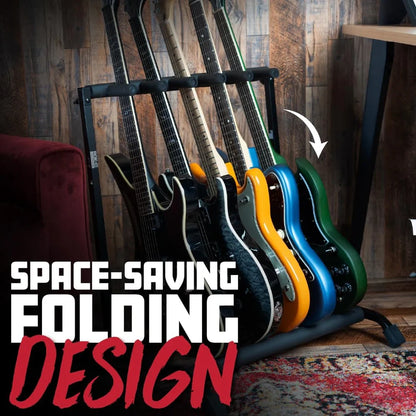 Space-saving folding guitar stand with multiple guitars against a wooden wall.