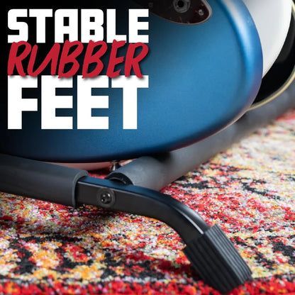Close-up of a product with 'Stable Rubber Feet' text on a colorful background
