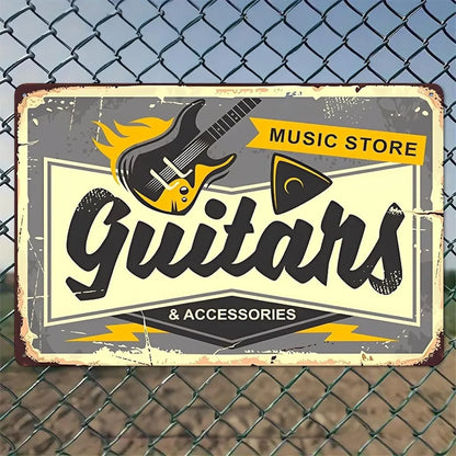 VOT Certified metal tin sign featuring guitars and accessories for wall decor, perfect for music or guitar enthusiasts.
