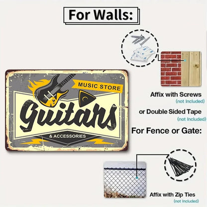 VOT Certified guitar-themed tin sign with music store design, suitable for wall mounting or decorative display.