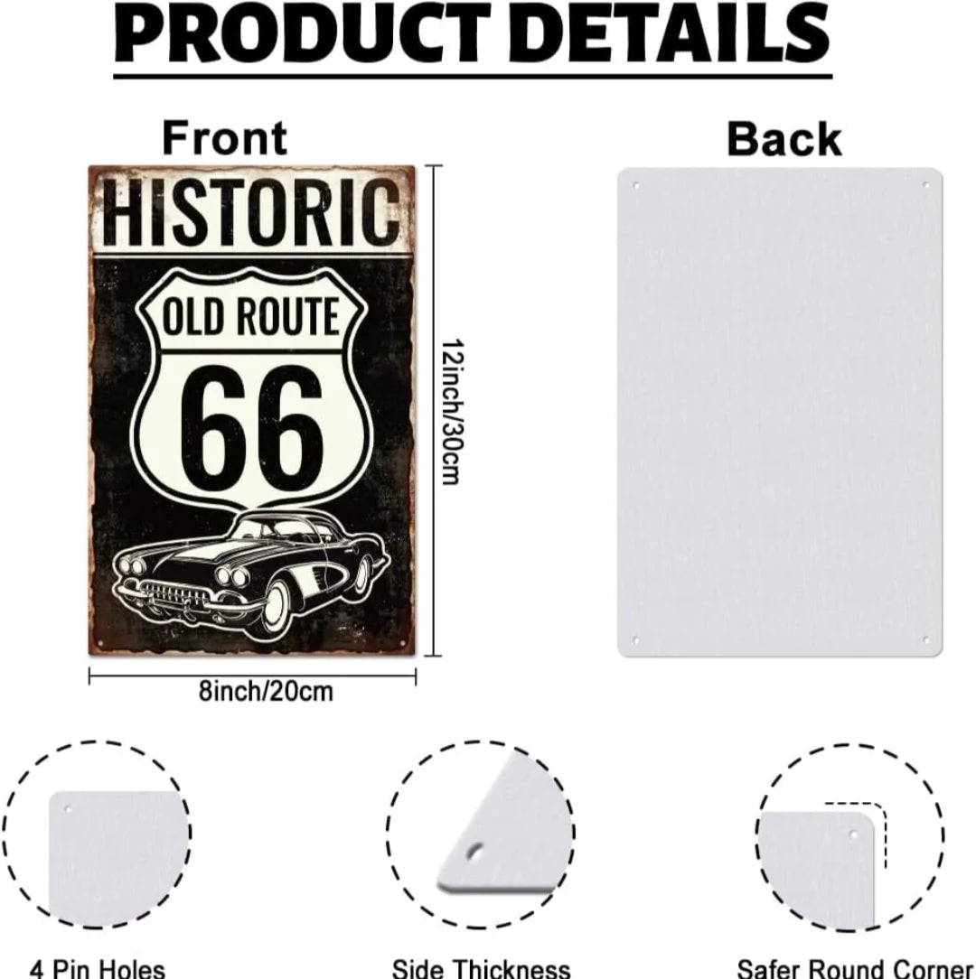 VOT Certified historic Route 66 tin sign with vintage metal design, perfect for classic Americana decor.