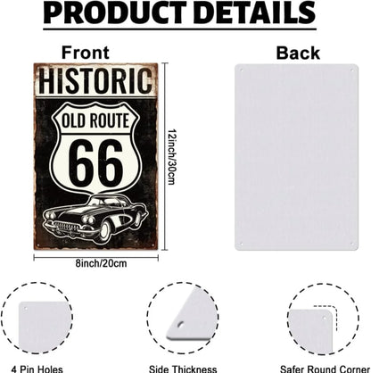 VOT Certified historic Route 66 tin sign with vintage metal design, perfect for classic Americana decor.