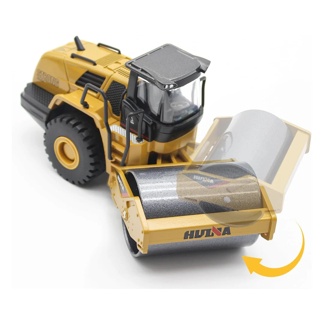 Diecast Dollox road roller toy with turning drum feature, 1:50 scale model, detailed construction vehicle for collectors.
