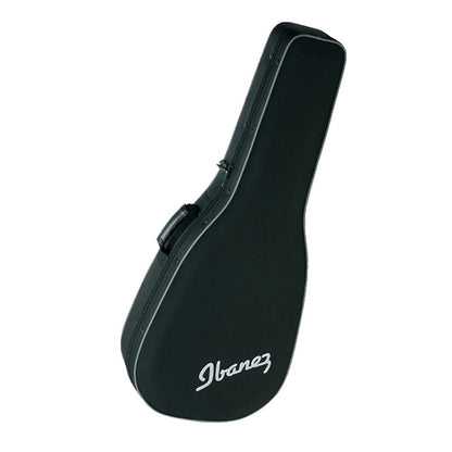 A black hardshell guitar or ukulele case with white piping and a white script logo on the side, shown against a plain white background.