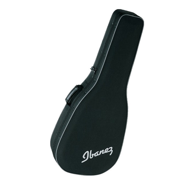 A black hardshell guitar or ukulele case with white piping and a white script logo on the side, shown against a plain white background.