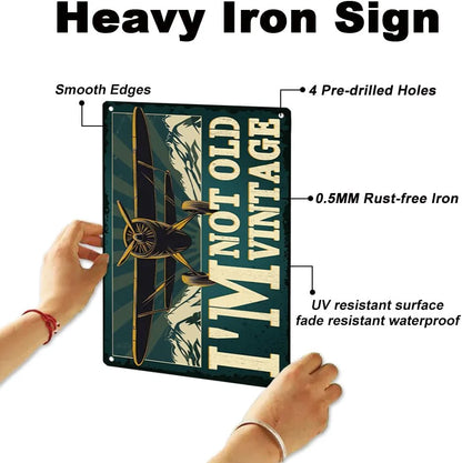 VOT Certified vintage tin sign featuring an aviation theme with detailed, heavy iron construction and classic airplane graphics.
