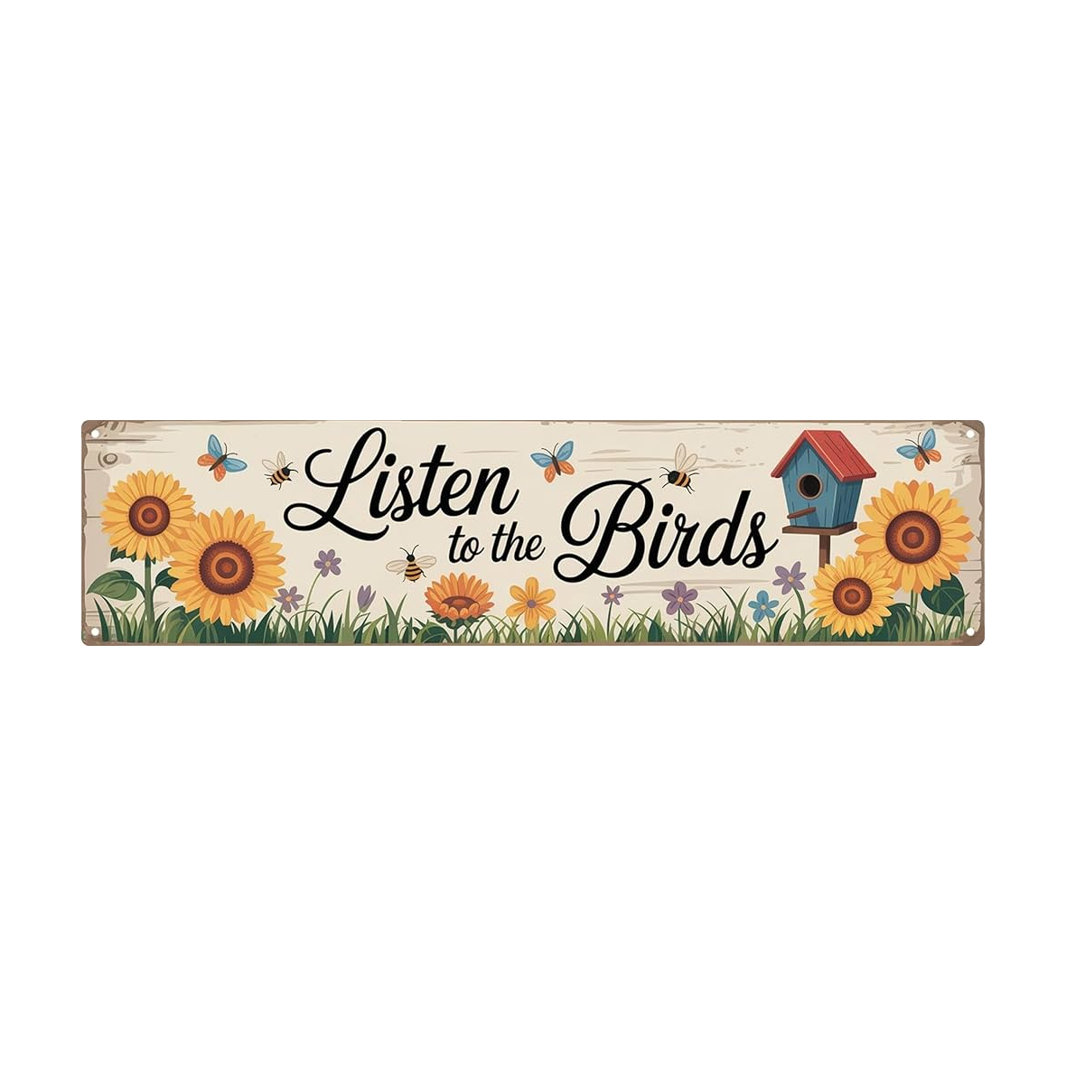 VOT Certified Listen to the Birds tin sign featuring a vintage bird illustration on a white background for wall decor.