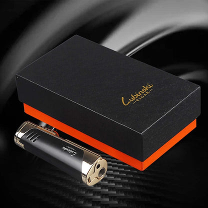 Lubinski cigar jet lighter in a gift box set with black finish and sleek design, ideal for cigar enthusiasts.