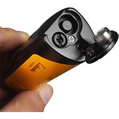 Lubinski cigar jet lighter in yellow, open to show the precise jet flame and metal ignition button, close-up view.