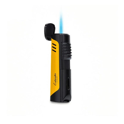 Lubinski cigar jet lighter with yellow torch flame, compact design, and metal body for easy lighting of cigars.