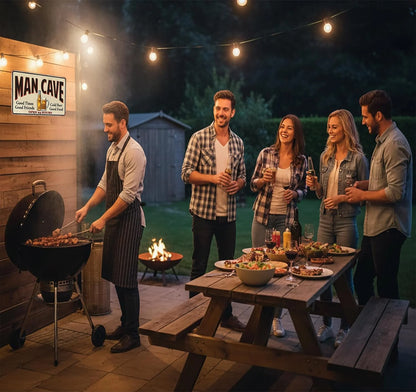 VOT Certified man cave tin sign with backyard BBQ design, ideal wall decor for a man cave or man cave-themed space.