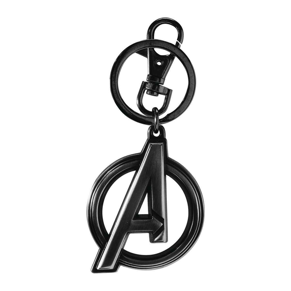 Black keychain with Avengers logo on a white background