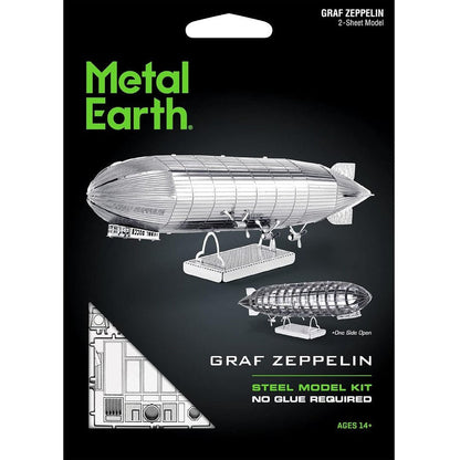 Metal Earth Graf Zeppelin 2-sheet model kit packaging on a black background, with a gray tweez pair shown below the package.