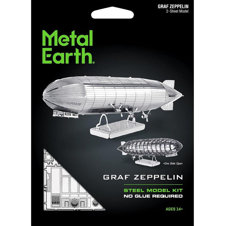 Metal Earth Graf Zeppelin 2-sheet model kit packaging on a black background, with a gray tweez pair shown below the package.