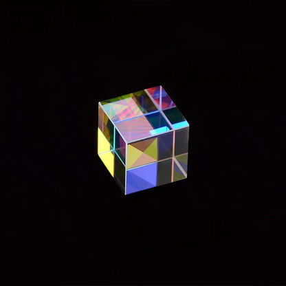 VOT Certified crystal cube optical glass prism sun catcher with clear facets on a black background.