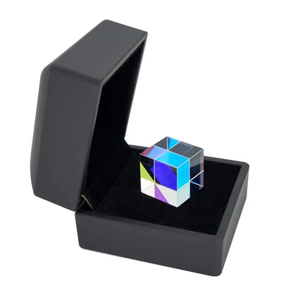VOT Certified Crystal Cube Optical Glass Prism sun catcher with open box view, showcasing its clear, geometric design for light refraction.