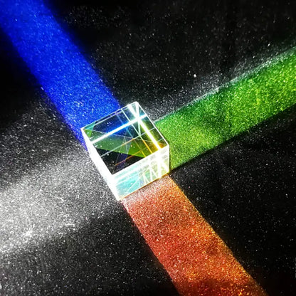 Mini K9 crystal glass prism cube sun catcher reflecting RGB light beams, VOT Certified optical crystal decor.