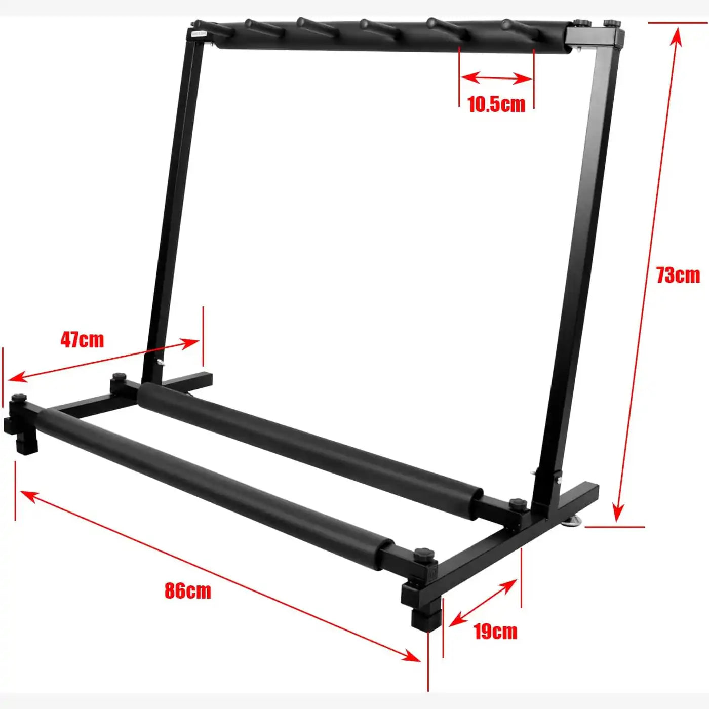 Black metal stand with red dimension arrows and labels showing measurements of 73cm, 86cm, 47cm, 10.5cm, and 19cm on a white background.