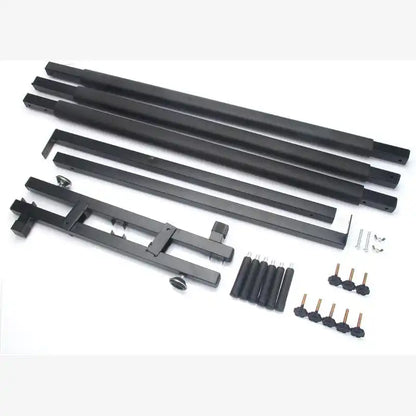 Black metal stand assembly with multiple long rails, a mounting bracket, leveling feet, and small hardware pieces, laid out on a white background.
