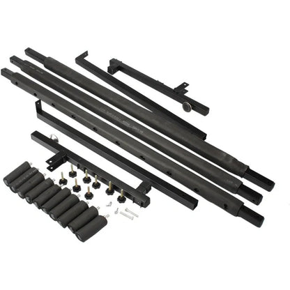 Set of black metal components on a white background