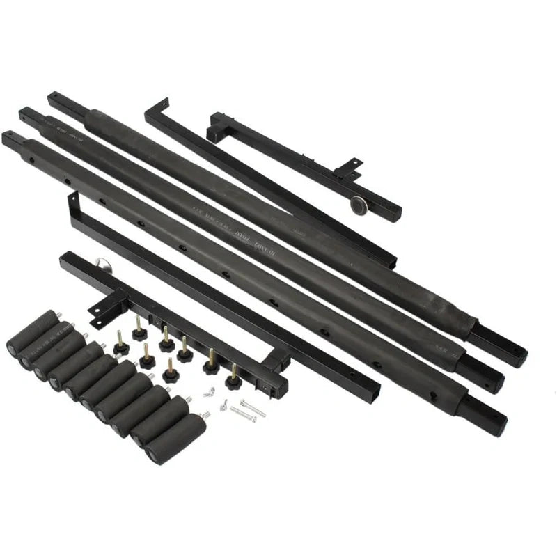 Set of black metal components on a white background