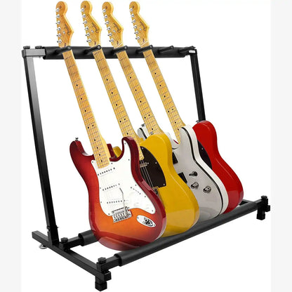 Guitar stand holding four electric guitars on a white background