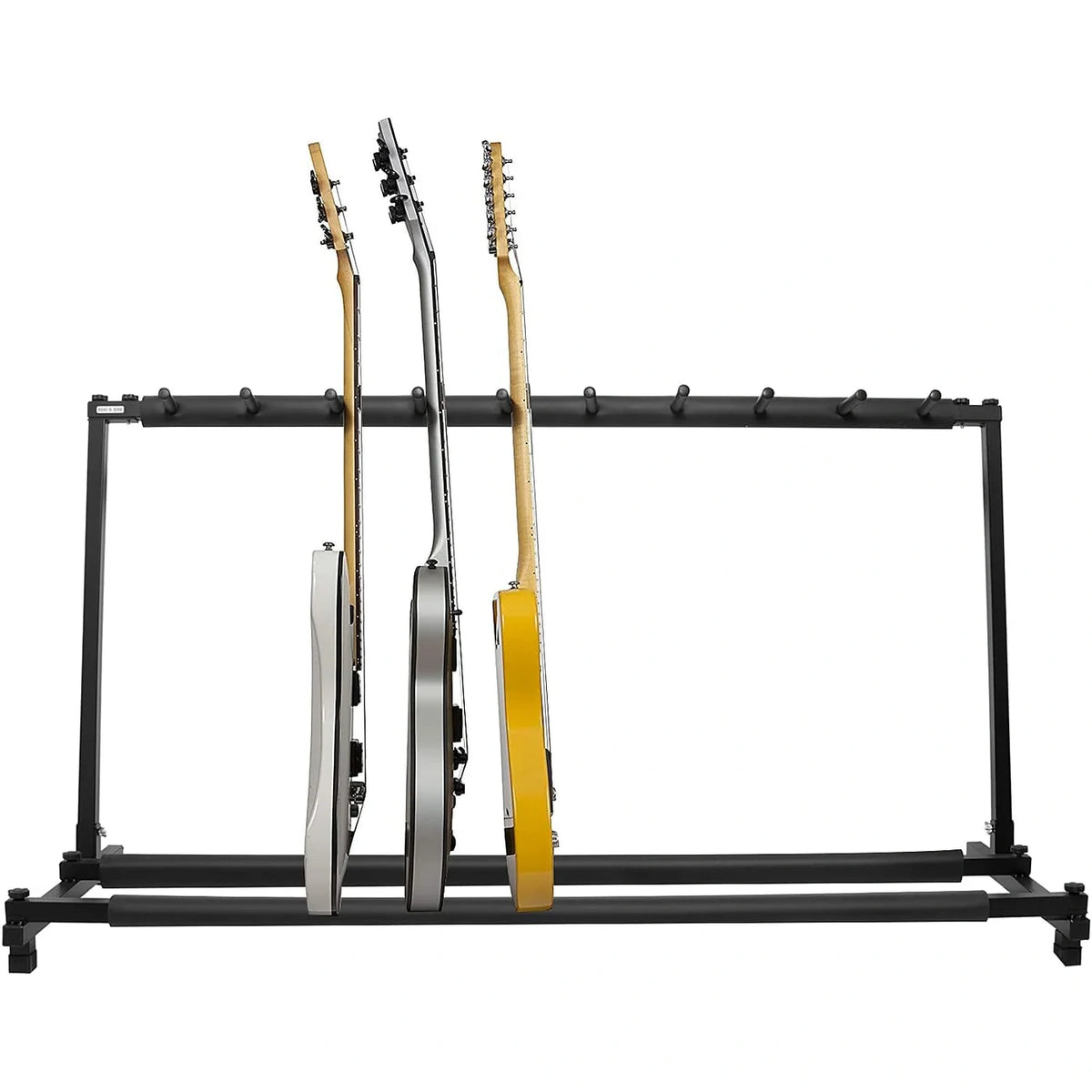 Guitar stand holding three guitars on a white background