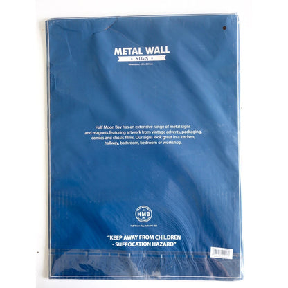 Blue packaging with 'Metal Wall Sign' branding on a white background