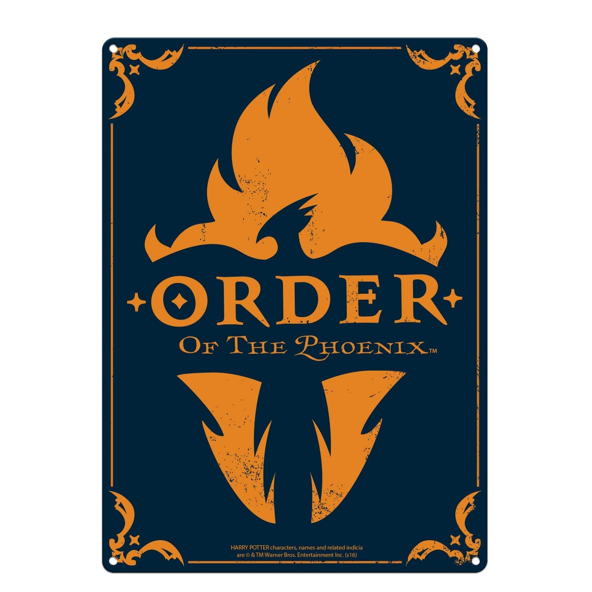 Logo of 'Order of the Phoenix' with orange phoenix design on a blue background