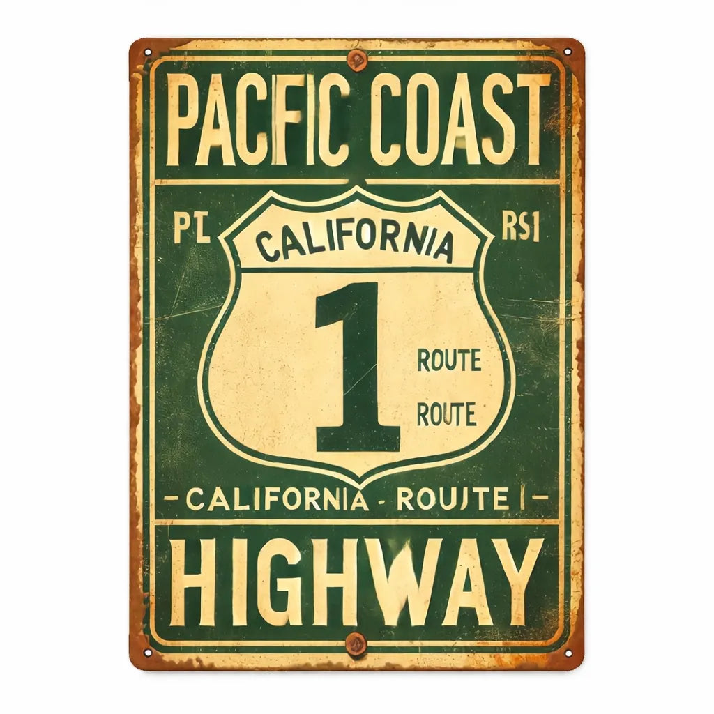 Vintage-style sign for Pacific Coast Highway with Route 1 on a green background