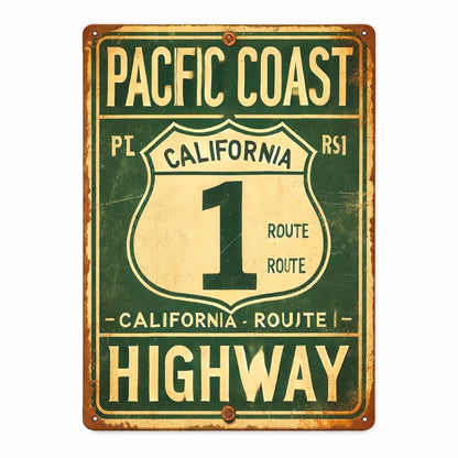 Vintage-style sign for Pacific Coast Highway with Route 1 on a green background