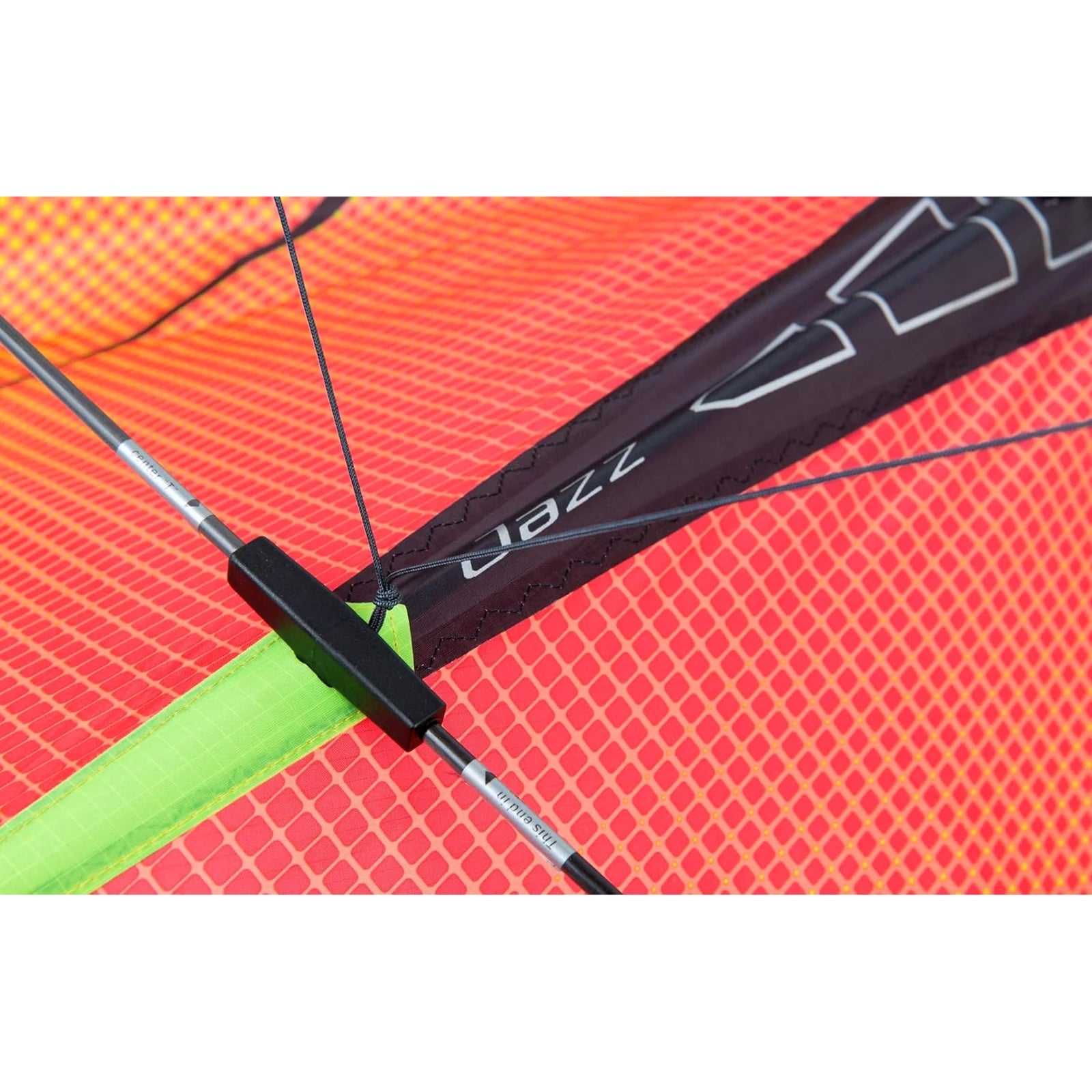 Close-up of Prism Jazz 2.0 dual-line sports kite's center frame showing vibrant colors and detailed construction.