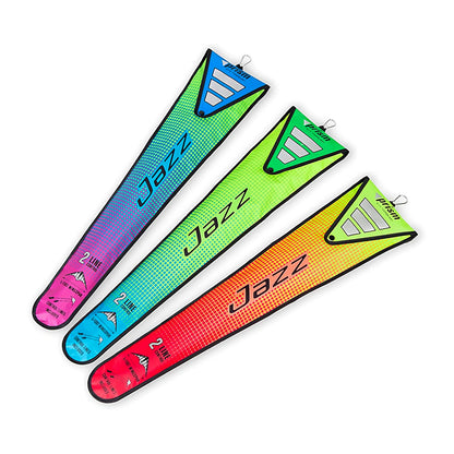 Colorful Prism Jazz 2.0 dual-line sports kite flying in the sky with vibrant tail and bright design, designed for stunt flying and performance.
