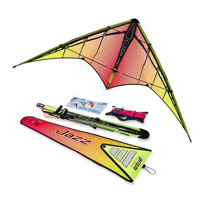 Prism Jazz 2.0 dual-line sports kite with vibrant colors and kite kit included, designed for stunt flying and outdoor recreation.
