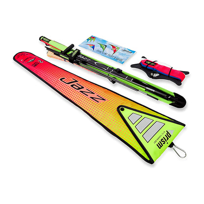 Prism Jazz 2.0 dual-line sports kite with colorful tail and control handles, perfect for stunt flying and outdoor kite flying.