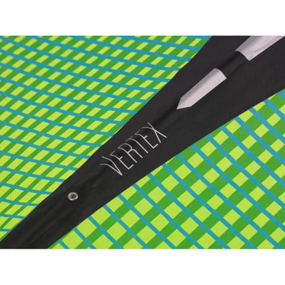 Close-up of a bow with green and blue checkered pattern and 'Vertex' branding kite. Beirut , Lebanon