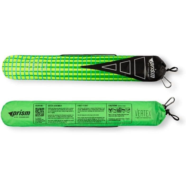 Green prism kite with black handle and Prism logo on a white background