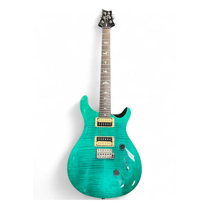 A turquoise electric guitar with a flamed maple top, gold hardware, and a dark fretboard, shown against a plain white background.