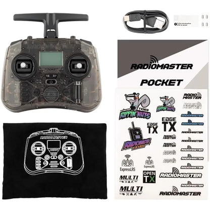 RadioMaster Pocket RC transmitter controller shown with a black carrying pouch, a USB charging cable, and a sheet of branded stickers on a white background.