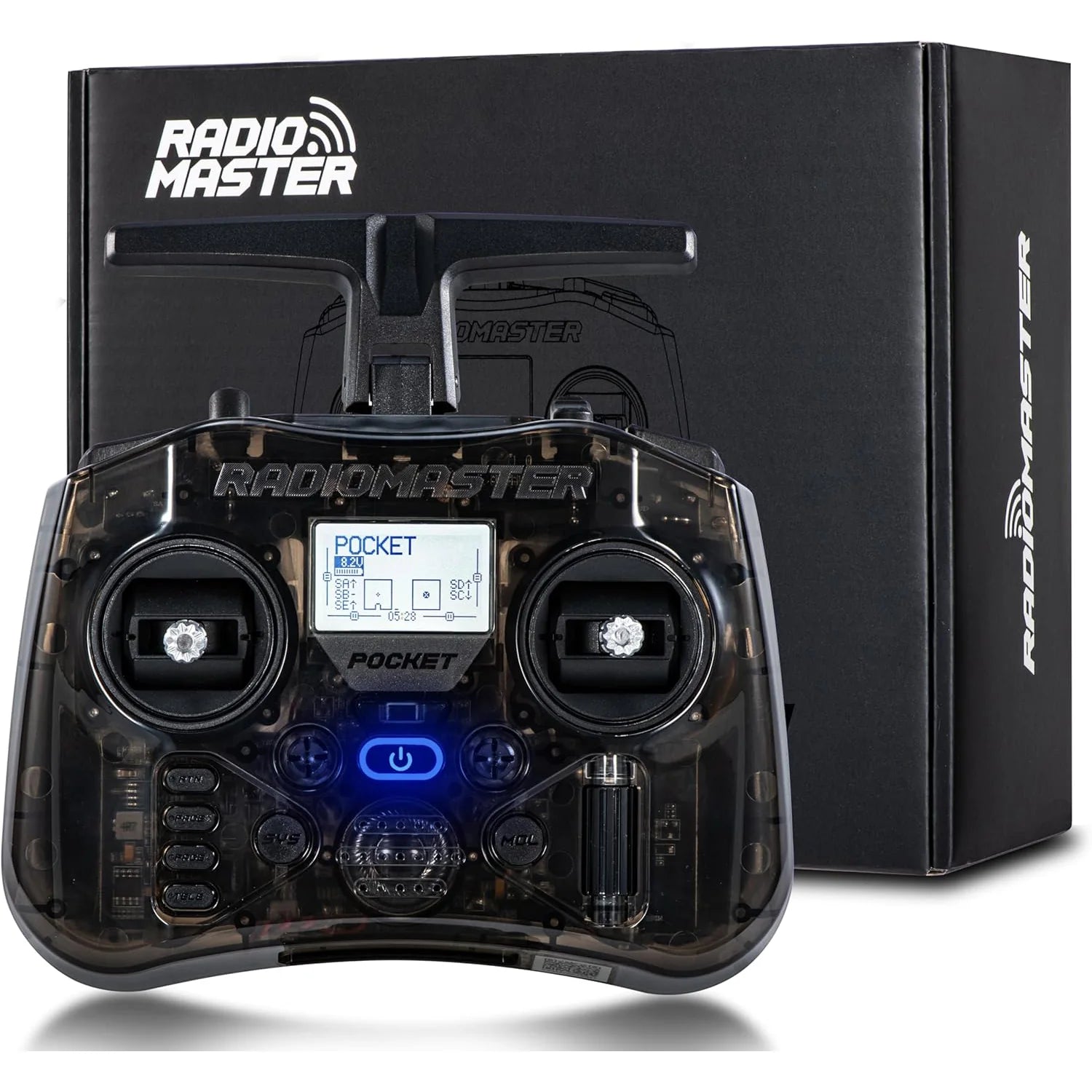 A Radiomaster Pocket RC transmitter in a translucent black plastic shell with a small LCD screen and blue illuminated buttons, shown in front of its black retail box on a white background.