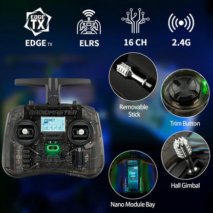 RADIOMASTER radio transmitter controller shown on a dark blue graphic background with feature callouts: EDGE TX, ELRS, 16 CH, 2.4G, removable stick, trim button, nano module bay, and hall gimbal.