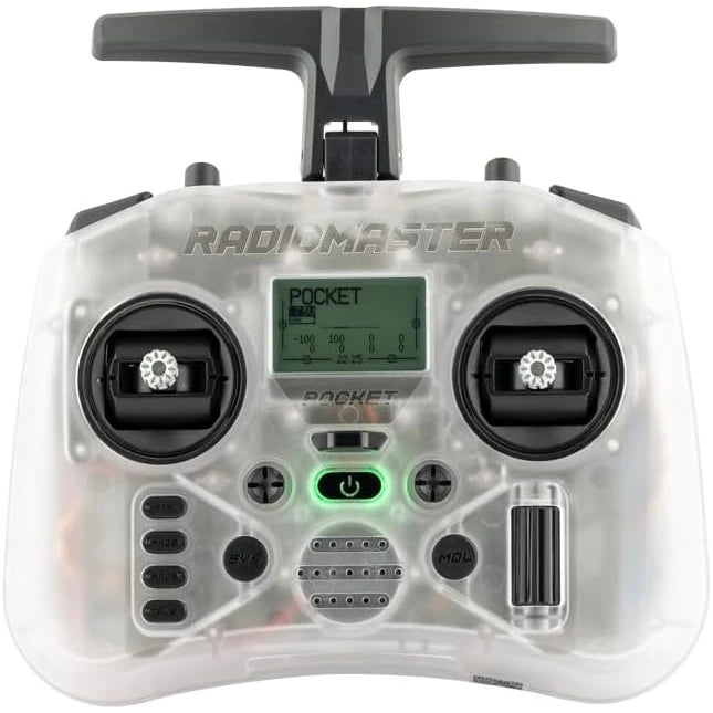A Radiomaster Pocket RC transmitter with a clear protective shell, black controls, and a small green LCD screen showing 'POCKET'.