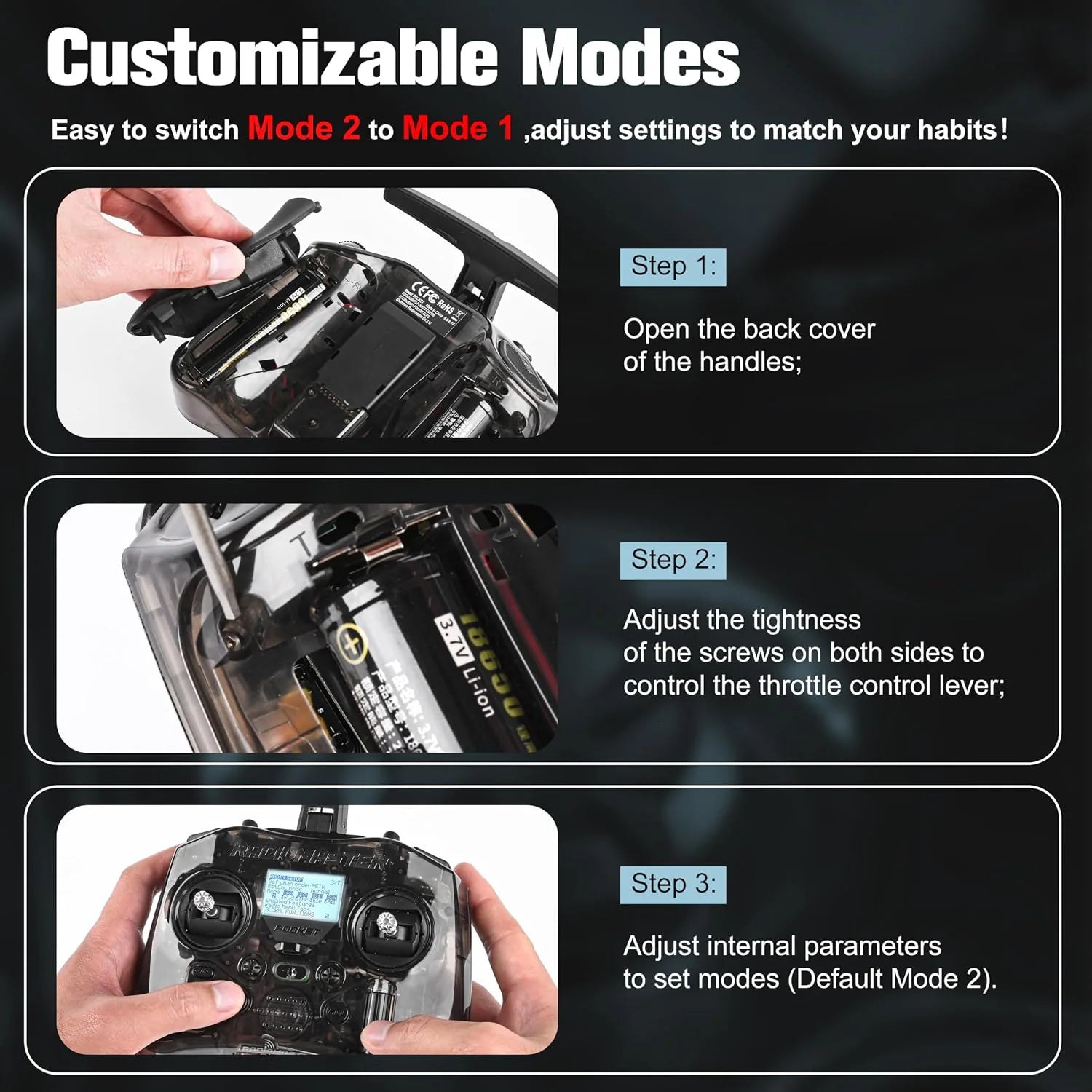 Instructions for switching customizable modes on a device with text and images.