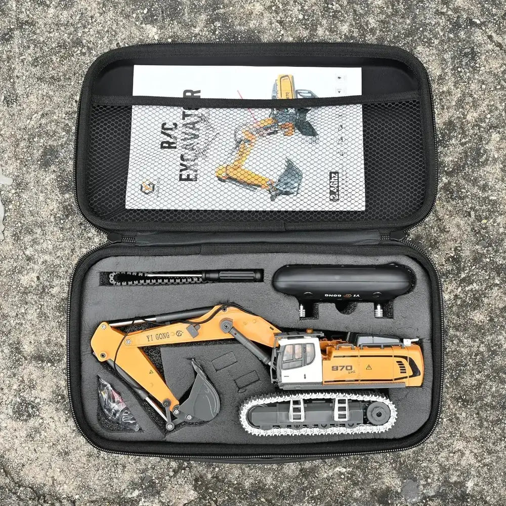 VOT Certified micro-scale remote control excavator with carry case, detailed pro-grade RC construction vehicle for enthusiasts