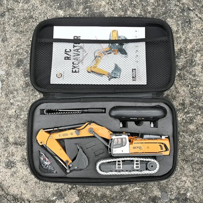 VOT Certified micro-scale remote control excavator with carry case, detailed pro-grade RC construction vehicle for enthusiasts